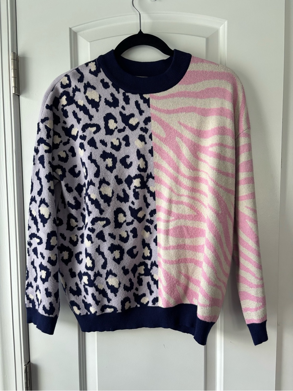 THML Lavender & Pink Colorblock Animal-Print Crewneck Sweater